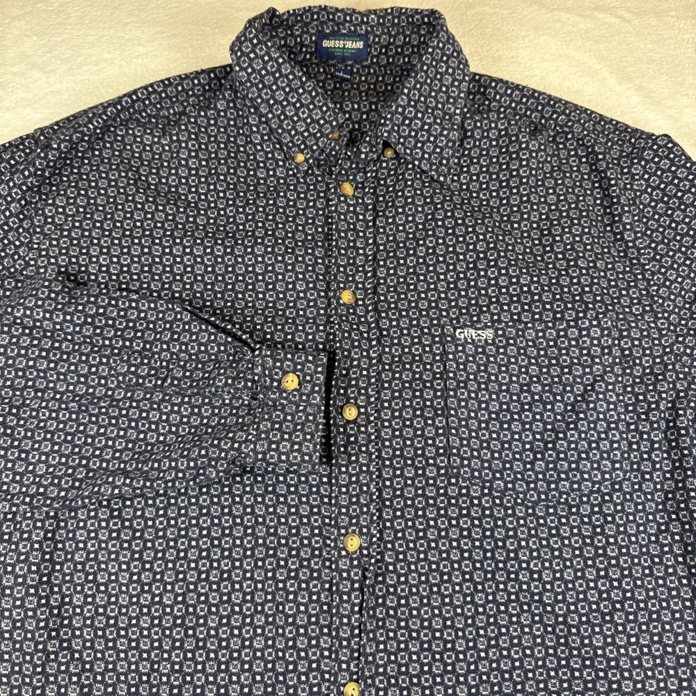 Vintage 90's Guess Large Blue Geo Print Long Sleeve Button Up Shirt Pocket